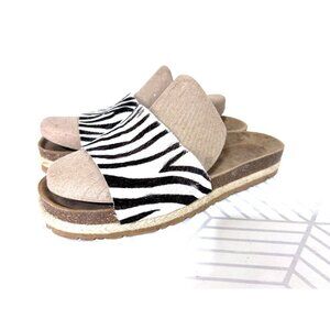 Yokono Women's size 9 Zebra Leather Sandals Slip ON Calf Hair Shoes Cork Insoles